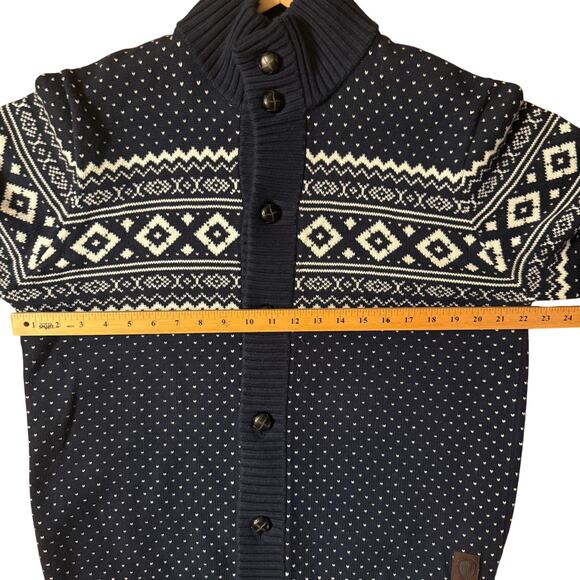 Ben Sherman Navy White Fair Isle Wool & Cotton Leather Button Cardigan Men’s L - Picture 12 of 14